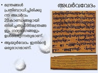 ● മനങള അഥരവേവദം 
പതിബാധിചിരികു 
ന അഥരവം 
20കാണങളായി 
തിരിചതും598മനങ 
ളും ഗദയഭാഗങളും 
ഉളെപടുനതുമാണ്. 
● ആയുരേവദം ഇതിെന 
ഒരുഭാഗമാണ്. 
 