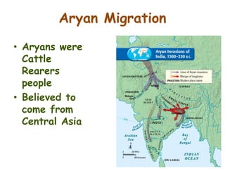 Aryan Migration
• Aryans were
Cattle
Rearers
people
• Believed to
come from
Central Asia
 