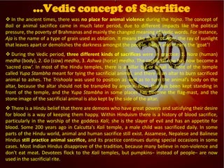 
Vedic Tradition
 In the ancient times, there was no place for animal violence during the Yajna. The concept of
Bali or animal sacrifice came in much later period, due to different impacts like the political
pressure, the poverty of Brahmanas and mainly the changed meaning of Vedic words. For instance,
Aja is the name of a type of grain used as oblation. It means the flame of Agni, the ray of sunlight
that leaves apart or demolishes the darkness amongst the people. But, it also means the ‘goat’!
 During the Vedic period, three different kinds of sacrifices were in practice: 1. Nara (human)
medha (body), 2. Go (cow) medha, 3. Ashwa (horse) medha. The sacrificial cow has now become a
‘sacred cow’. In most of the Hindu temples, there is a pillar big or small in front of the temple
called Yupa Stambha meant for tying the sacrificial animal, and there is an altar to burn sacrificed
animal to ashes. The Trishoola was used to position as well as to turn the animal’s body on the
altar, because the altar should not be trampled by anyone. Now, this has been kept standing in
front of the temple, and the Yupa Stambha in some places has become the flag-mast, and the
stone image of the sacrificial animal is also kept by the side of the altar.
 There is a Hindu belief that there are demons who have great powers and satisfying their desire
for blood is a way of keeping them happy. Within Hinduism there is a history of blood sacrifice,
particularly in the worship of the goddess Kali; she is the slayer of evil and has an appetite for
blood. Some 200 years ago in Calcutta's Kali temple, a male child was sacrificed daily. In some
parts of the Hindu world, animal and human sacrifice still exist. Assamese, Nepalese and Balinese
Hindus still practice animal sacrifice, and its practice continues during special occasions in some
cases. Most Indian Hindus disapprove of the tradition, because many believe in non-violence and
don't eat meat. Devotees flock to the Kali temples, but pumpkins– instead of people– are now
used in the sacrificial rite.
…Vedic concept of Sacrifice
 