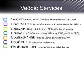 Veddio Services
CloudVPS – RDP to VPS’s (Windows Servers/Remote Desktops)
CloudBACKUP - Secure off-site workstation and server file backups
CloudVoIP – Hosted, full-featured PBX and/or lines (trunking)
CloudWEB – Full-featured advanced hosting (DNS, websites, CMS)
CloudEXCHANGE – Hosted Exchange mailboxes/OWA
CloudCOLO – Private, colocated servers
CloudSHAREPOINT –Hosted document distribution
 
