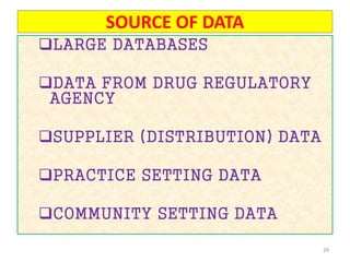 SOURCE OF DATA
LARGE DATABASES
DATA FROM DRUG REGULATORY
AGENCY
SUPPLIER (DISTRIBUTION) DATA
PRACTICE SETTING DATA
COMMUNITY SETTING DATA
29
 