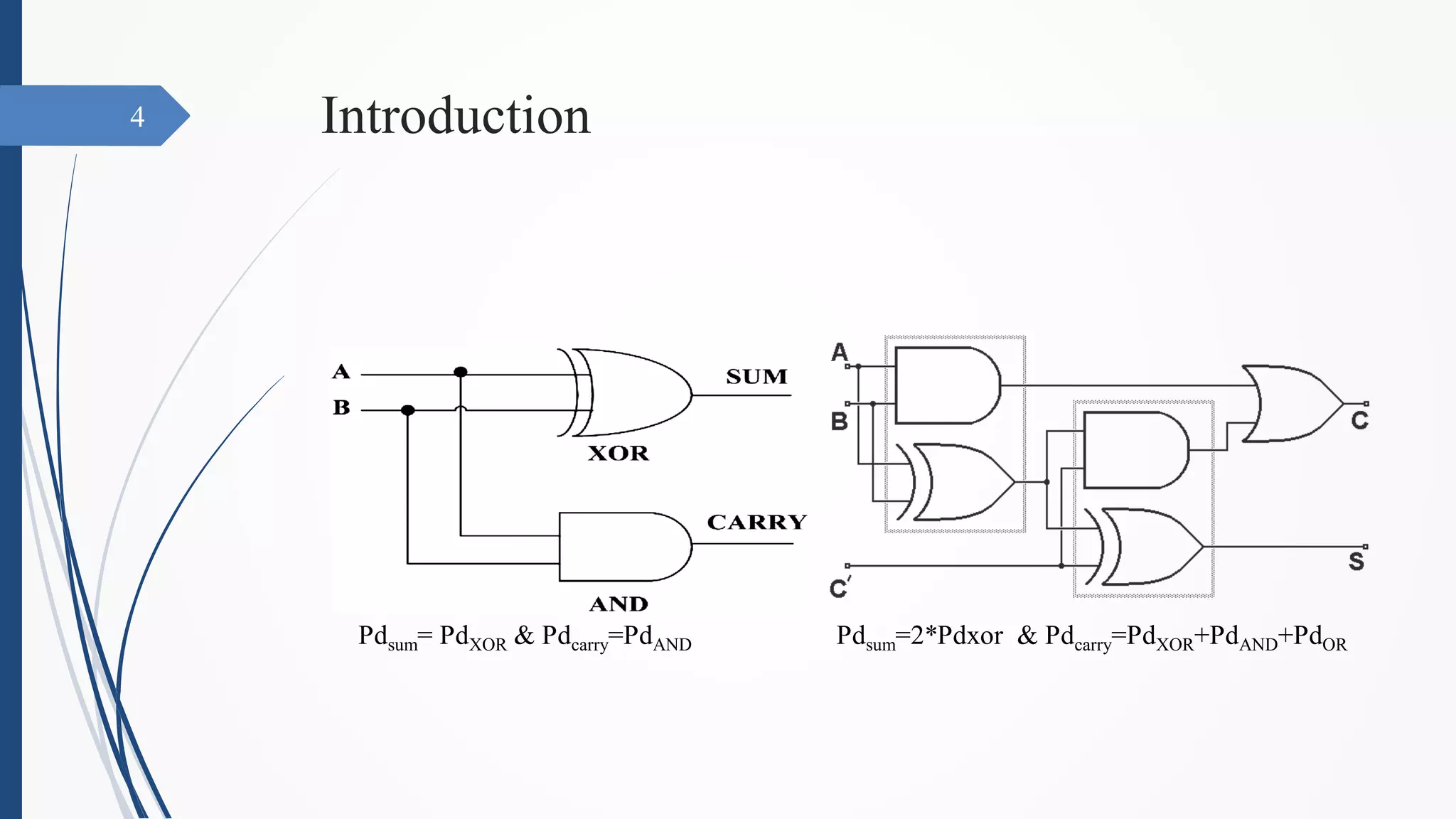 Introduction
Pdsum= PdXOR & Pdcarry=PdAND Pdsum=2*Pdxor & Pdcarry=PdXOR+PdAND+PdOR
4
 