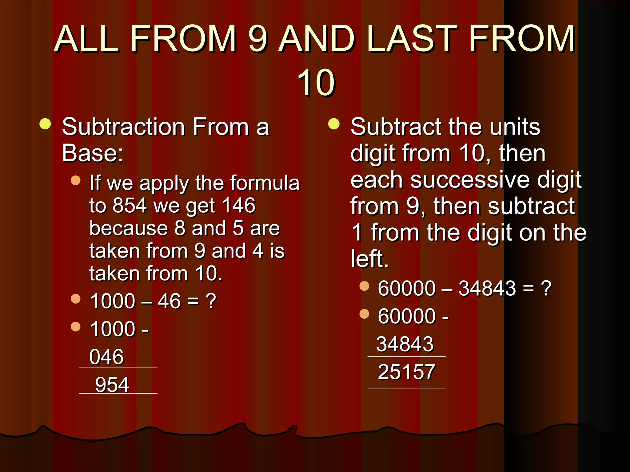 ALL FROM 9 AND LAST FROMALL FROM 9 AND LAST FROM
1010
 Subtraction From aSubtraction From a
Base:Base:
 If we apply the formulaIf we apply the formula
to 854 we get 146to 854 we get 146
because 8 and 5 arebecause 8 and 5 are
taken from 9 and 4 istaken from 9 and 4 is
taken from 10.taken from 10.
 1000 – 46 = ?1000 – 46 = ?
 1000 -1000 -
046046
954954
 Subtract the unitsSubtract the units
digit from 10, thendigit from 10, then
each successive digiteach successive digit
from 9, then subtractfrom 9, then subtract
1 from the digit on the1 from the digit on the
left.left.
 60000 – 34843 = ?60000 – 34843 = ?
 60000 -60000 -
3484334843
2515725157
 
