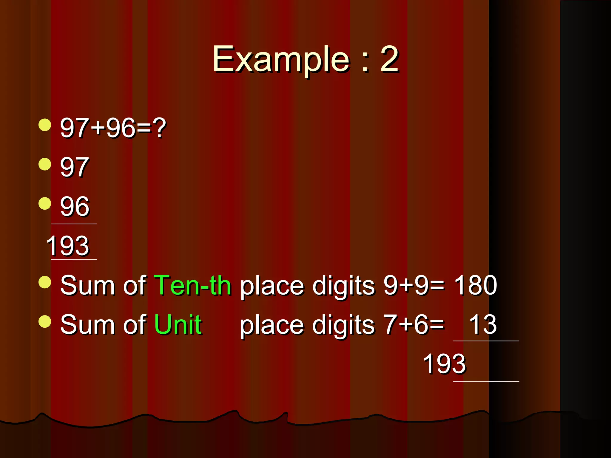 Example : 2Example : 2
97+96=?97+96=?
9797
9696
193193
Sum ofSum of Ten-thTen-th place digits 9+9= 180place digits 9+9= 180
Sum ofSum of UnitUnit place digits 7+6= 13place digits 7+6= 13
193193
 