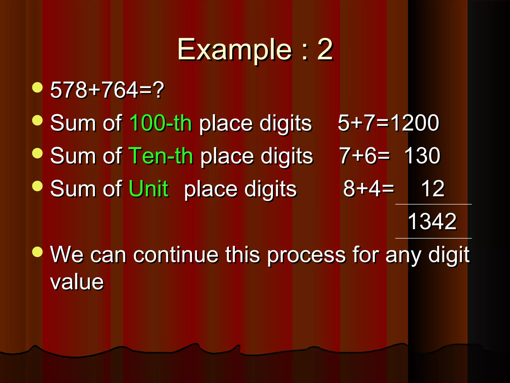 Example : 2Example : 2
578+764=?578+764=?
Sum ofSum of 100-th100-th place digits 5+7=1200place digits 5+7=1200
Sum ofSum of Ten-thTen-th place digits 7+6= 130place digits 7+6= 130
Sum ofSum of UnitUnit place digitsplace digits 8+4= 128+4= 12
13421342
We can continue this process for any digitWe can continue this process for any digit
valuevalue
 