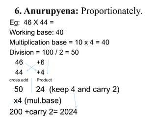 6. Anurupyena: Proportionately.
Eg: 46 X 44 =
Working base: 40
Multiplication base = 10 x 4 = 40
Division = 100 / 2 = 50
46 +6
44 +4
cross add Product
50 24 (keep 4 and carry 2)
x4 (mul.base)
200 +carry 2= 2024
 