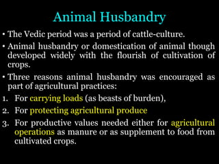 Animal Husbandry
• The Vedic period was a period of cattle-culture.
• Animal husbandry or domestication of animal though
developed widely with the flourish of cultivation of
crops.
• Three reasons animal husbandry was encouraged as
part of agricultural practices:
1. For carrying loads (as beasts of burden),
2. For protecting agricultural produce
3. For productive values needed either for agricultural
operations as manure or as supplement to food from
cultivated crops.
 
