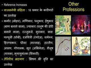 Other
Professions
• Reference Increases
• वाजसनेयी सांहिता : 18 प्रकार क
े कारीगरों
का उल्लेख
• कमाथर (लोिार), मणिकार, िनुकार, ईिुकार
(बाि बनाने वाला), ज्याकार (िनुि की डोरी
बनाने वाला), रज्जुसजथ, सुराकार, वास:
पल्पूली (िोबी), रजययत्री (रांगरेज़), िमथम्न,
हिरण्यकार, िीवर (मल्लाि), िस्त्तीप,
अश्वप, गोपालक, सूत (अशभनेता), शैलूि
(गायक), मृगायुमांतक (शशकारी)
• तैषिरीय ब्राह्मि : शभिग की वृषि का
उल्लेख
 