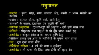 पशुपालन
• यजुवेि : क
ु त्ता, घोड़ा, गधा, खच्िर, भेड़, बकर व अन्य मवेशी का
उल्लेख
• प्रयोग : सामान धोना, कृ वि कमथ, खाने िेतु
• जानवरों क
े पालन, िेखभाल एवं वृद्र्ध की ििाथ
• याज्ञिक अनुष्ठान : िूध-घी-िि की आिुनत - िशथ पूणथ मास यि
• जैर्मनी : पशुबन्ध यि पशुओं से घी िूध प्राप्त करने िेतु
• अर्वथवेि : शाकृ त (गोबर) का मित्व कृ वि िेतु
• ववर्भन्न प्रकार एवं आयु क
े मवेर्शयों क
े पृर्क नाम प्राप्त
• धेनु : िूध िेनी वाल गाय
• तैनतररया संदिता : 4 विथ की गाय = तुयथवाि
• अर्वथवेि : गो ित्या की ननंिा तर्ा िोिी को मृत्यु िंड
 