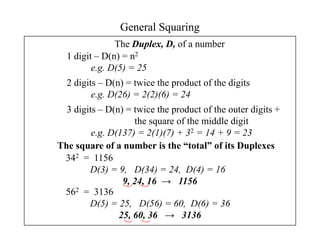 General Squaring
               The Duplex, D, of a number
  1 digit – D(n) = n2
         e.g. D(5) = 25
  2 digits – D(n) = twice the product of the digits
         e.g. D(26) = 2(2)(6) = 24
  3 digits – D(n) = twice the product of the outer digits +
                    the square of the middle digit
         e.g. D(137) = 2(1)(7) + 32 = 14 + 9 = 23
The square of a number is the “total” of its Duplexes
 342 = 1156
        D(3) = 9, D(34) = 24, D(4) = 16
                 9, 24, 16 → 1156
 562 = 3136
        D(5) = 25, D(56) = 60, D(6) = 36
                25, 60, 36 → 3136
 