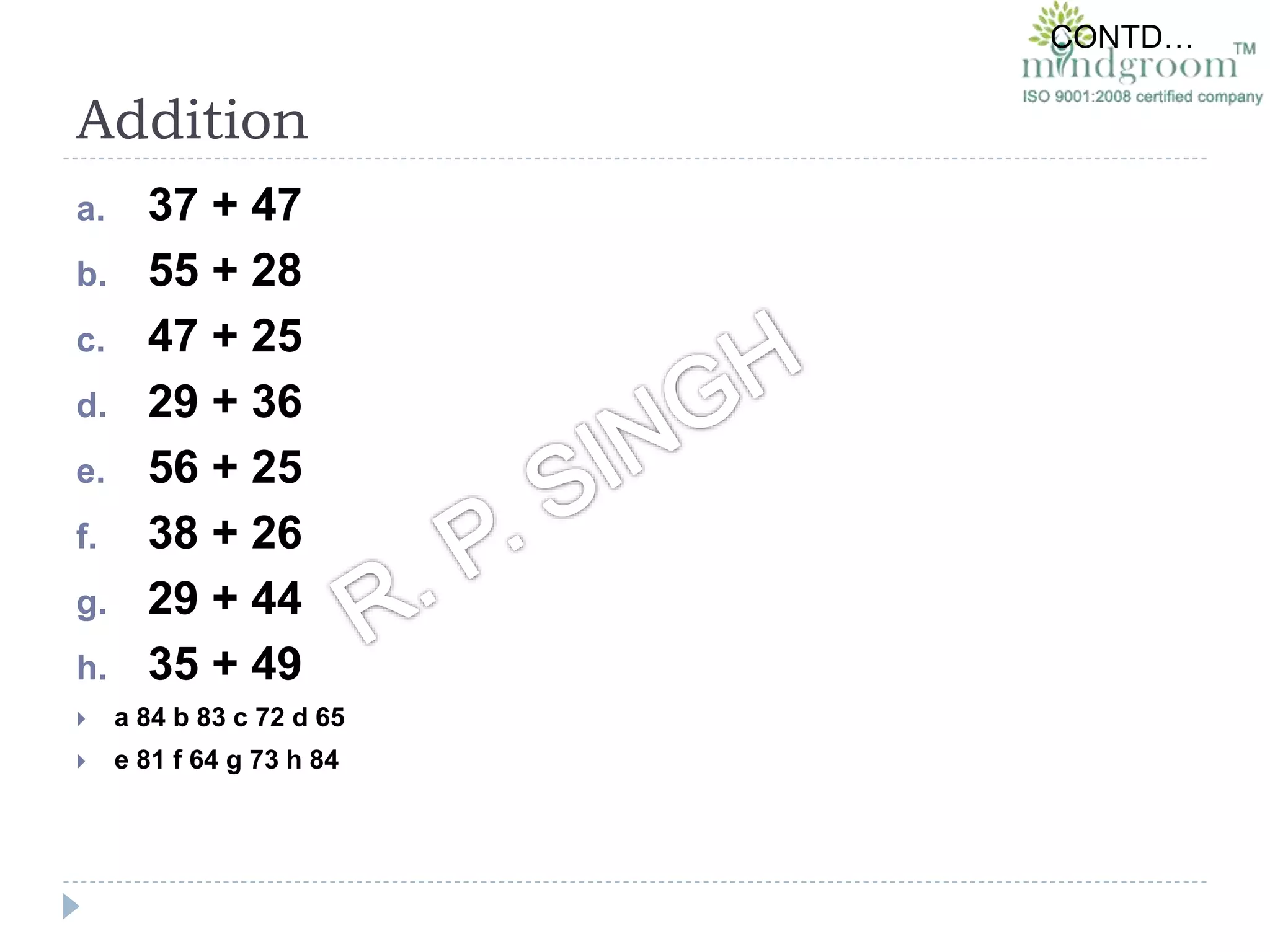 Addition
a. 37 + 47
b. 55 + 28
c. 47 + 25
d. 29 + 36
e. 56 + 25
f. 38 + 26
g. 29 + 44
h. 35 + 49
 a 84 b 83 c 72 d 65
 e 81 f 64 g 73 h 84
CONTD…
 