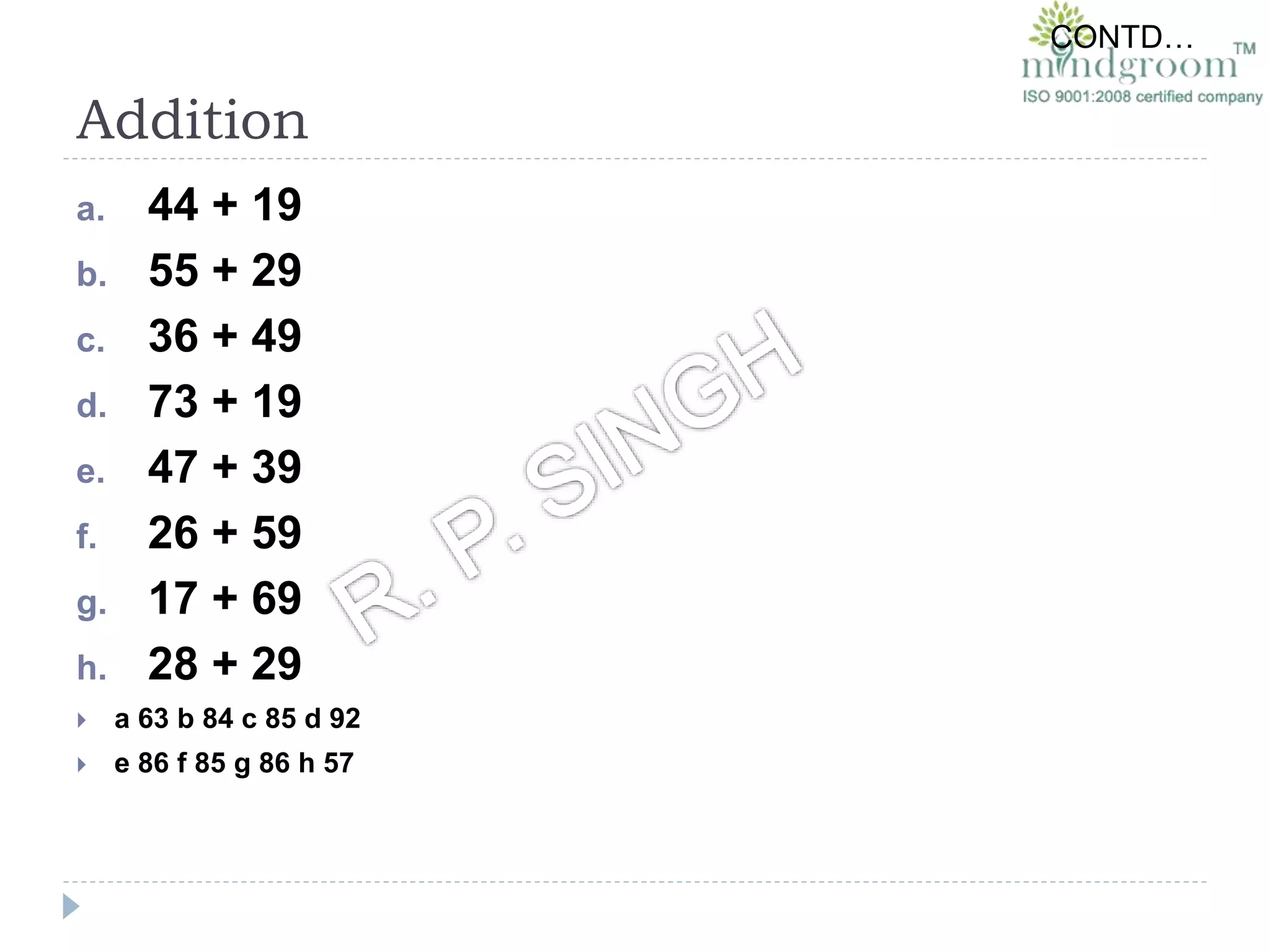 Addition
a. 44 + 19
b. 55 + 29
c. 36 + 49
d. 73 + 19
e. 47 + 39
f. 26 + 59
g. 17 + 69
h. 28 + 29
 a 63 b 84 c 85 d 92
 e 86 f 85 g 86 h 57
CONTD…
 