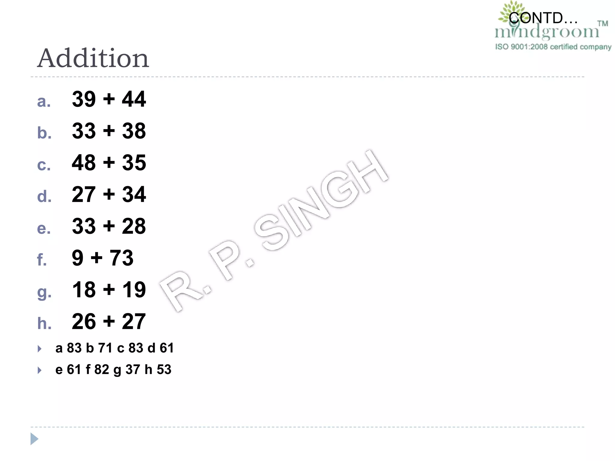 Addition
a. 39 + 44
b. 33 + 38
c. 48 + 35
d. 27 + 34
e. 33 + 28
f. 9 + 73
g. 18 + 19
h. 26 + 27
 a 83 b 71 c 83 d 61
 e 61 f 82 g 37 h 53
CONTD…
 
