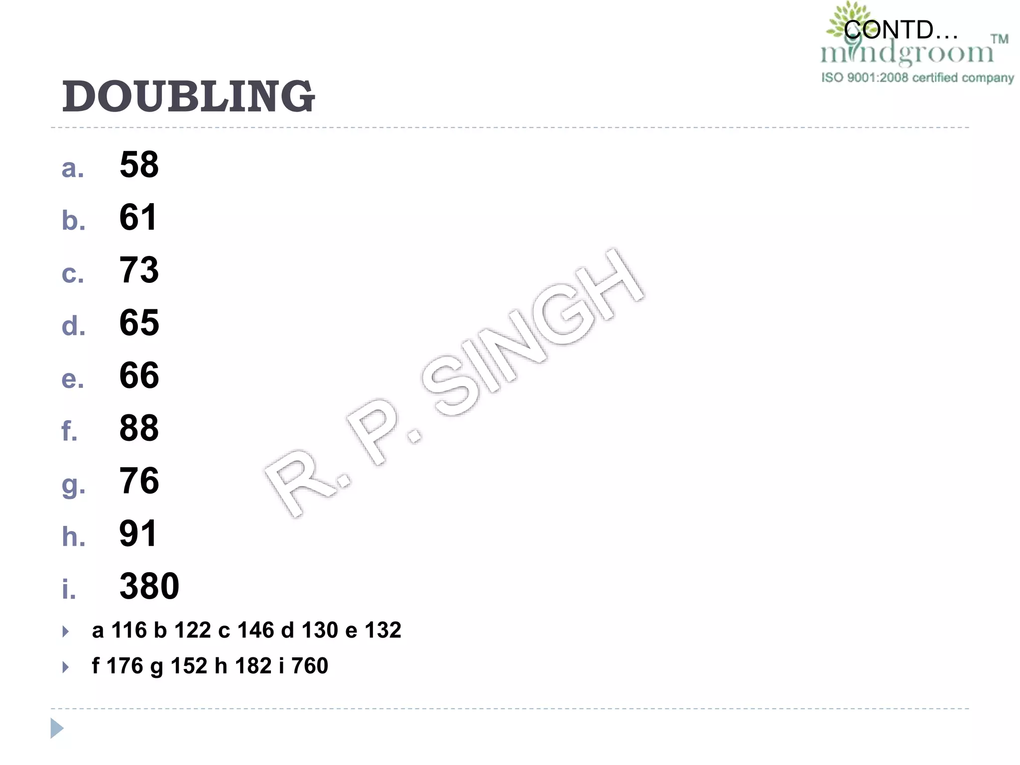 DOUBLING
a. 58
b. 61
c. 73
d. 65
e. 66
f. 88
g. 76
h. 91
i. 380
 a 116 b 122 c 146 d 130 e 132
 f 176 g 152 h 182 i 760
CONTD…
 
