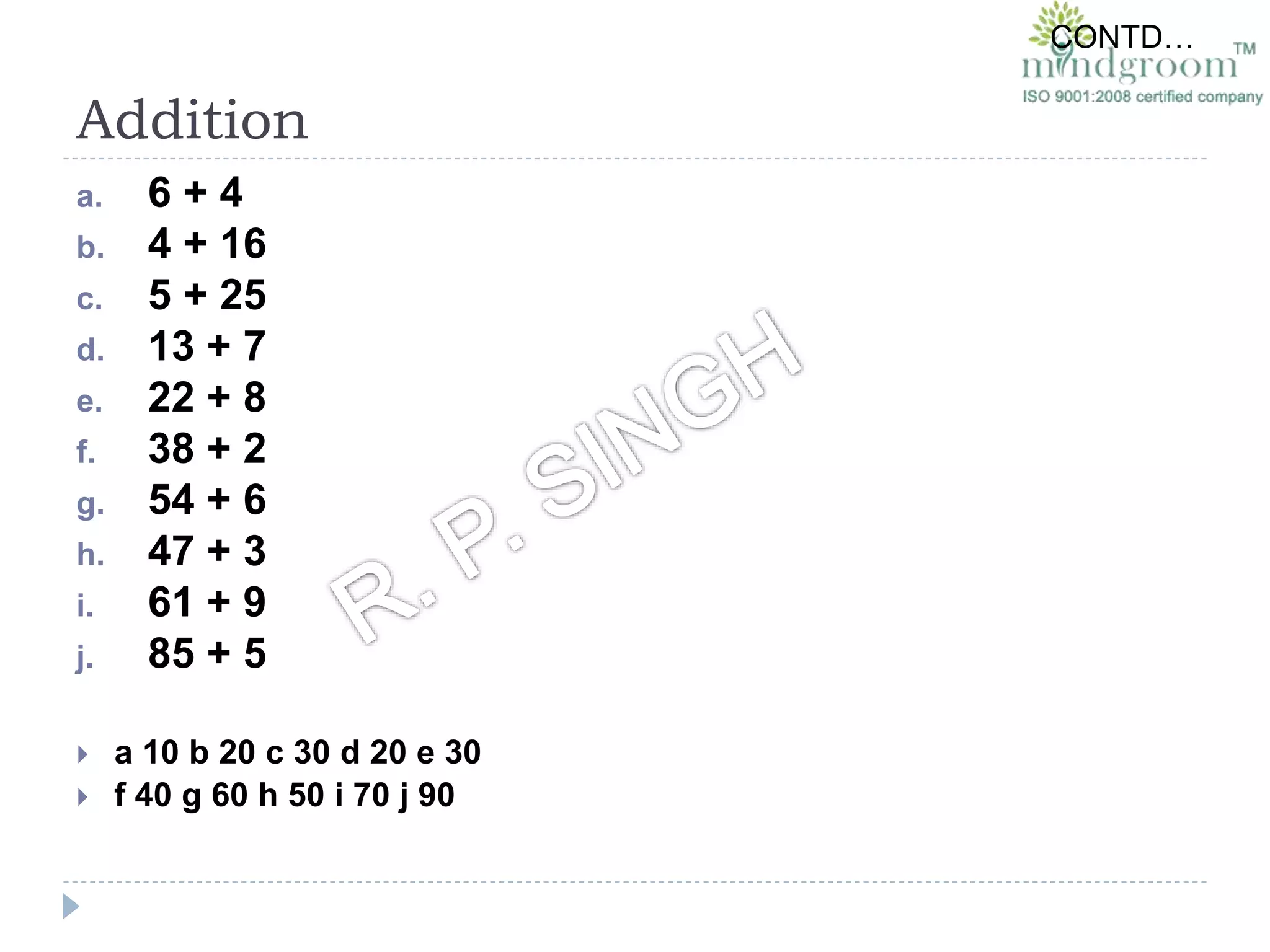 Addition
a. 6 + 4
b. 4 + 16
c. 5 + 25
d. 13 + 7
e. 22 + 8
f. 38 + 2
g. 54 + 6
h. 47 + 3
i. 61 + 9
j. 85 + 5
 a 10 b 20 c 30 d 20 e 30
 f 40 g 60 h 50 i 70 j 90
CONTD…
 