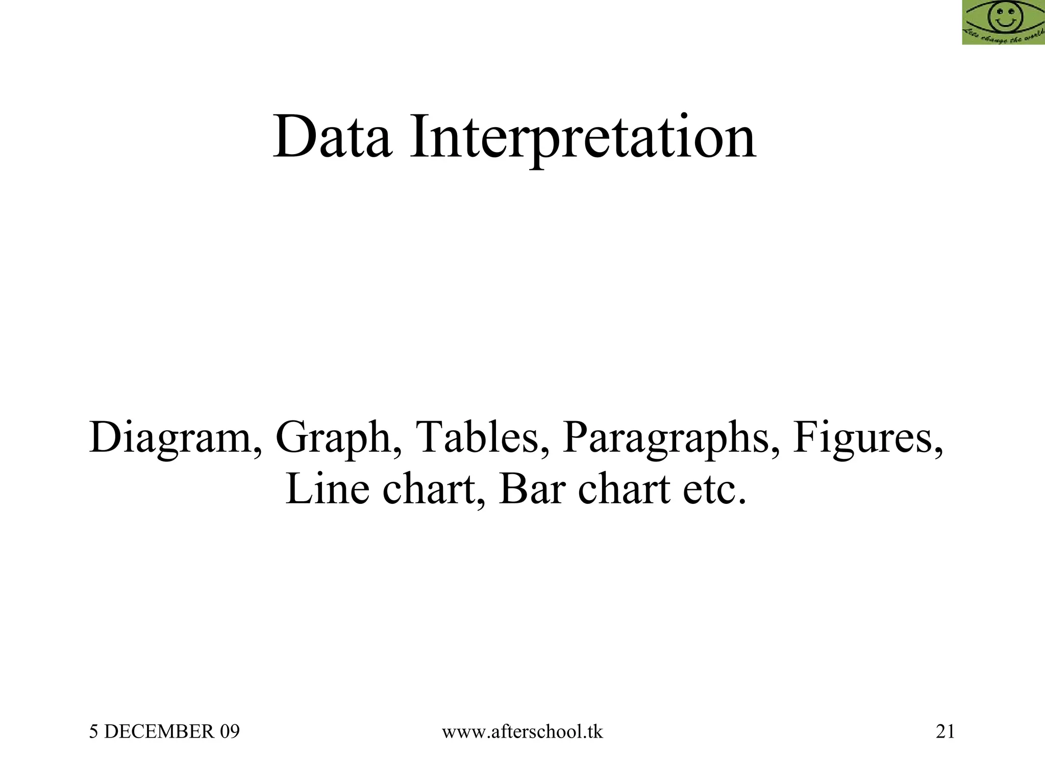 Data Interpretation  Diagram, Graph, Tables, Paragraphs, Figures,  Line chart, Bar chart etc.  