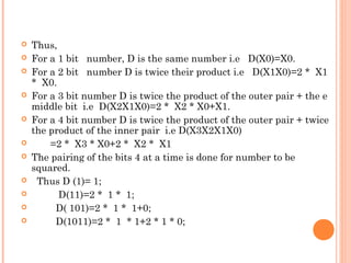  Thus,
 For a 1 bit number, D is the same number i.e D(X0)=X0.
 For a 2 bit number D is twice their product i.e D(X1X0)=2 * X1
* X0.
 For a 3 bit number D is twice the product of the outer pair + the e
middle bit i.e D(X2X1X0)=2 * X2 * X0+X1.
 For a 4 bit number D is twice the product of the outer pair + twice
the product of the inner pair i.e D(X3X2X1X0)
 =2 * X3 * X0+2 * X2 * X1
 The pairing of the bits 4 at a time is done for number to be
squared.
 Thus D (1)= 1;
 D(11)=2 * 1 * 1;
 D( 101)=2 * 1 * 1+0;
 D(1011)=2 * 1 * 1+2 * 1 * 0;
 