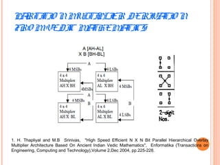 PARTITIO NMULTIPLIER DERIVATIO N
FRO MVEDIC MATHEMATICS
1. H. Thapliyal and M.B Srinivas, "High Speed Efficient N X N Bit Parallel Hierarchical Overlay
Multiplier Architecture Based On Ancient Indian Vedic Mathematics", Enformatika (Transactions on
Engineering, Computing and Technology),Volume 2,Dec 2004, pp.225-228.
 