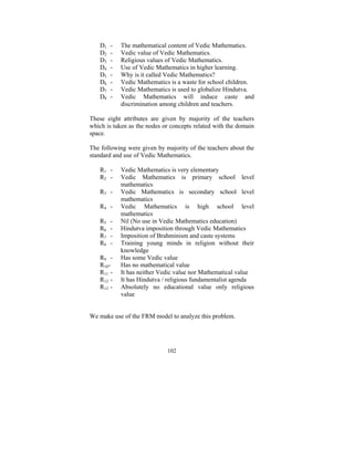 D1
D2
D3
D4
D5
D6
D7
D8

-

The mathematical content of Vedic Mathematics.
Vedic value of Vedic Mathematics.
Religious values of Vedic Mathematics.
Use of Vedic Mathematics in higher learning.
Why is it called Vedic Mathematics?
Vedic Mathematics is a waste for school children.
Vedic Mathematics is used to globalize Hindutva.
Vedic Mathematics will induce caste and
discrimination among children and teachers.

These eight attributes are given by majority of the teachers
which is taken as the nodes or concepts related with the domain
space.
The following were given by majority of the teachers about the
standard and use of Vedic Mathematics.
R1 R2 R3 R4 R5
R6
R7
R8

-

R9 R10R11 R12 R13 -

Vedic Mathematics is very elementary
Vedic Mathematics is primary school level
mathematics
Vedic Mathematics is secondary school level
mathematics
Vedic Mathematics is high school level
mathematics
Nil (No use in Vedic Mathematics education)
Hindutva imposition through Vedic Mathematics
Imposition of Brahminism and caste systems
Training young minds in religion without their
knowledge
Has some Vedic value
Has no mathematical value
It has neither Vedic value nor Mathematical value
It has Hindutva / religious fundamentalist agenda
Absolutely no educational value only religious
value

We make use of the FRM model to analyze this problem.

102

 