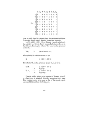 P1 P2 P3 P4 P5 P6 P7 P8 P9
P1
P2
P3
P
M3 = 4
P5
P6
P7
P8
P9

⎡0
⎢1
⎢
⎢0
⎢
⎢0
⎢0
⎢
⎢1
⎢0
⎢
⎢0
⎢0
⎣

1 0 0 0 1 0 0 0⎤
0 0 0 0 1 0 0 0⎥
⎥
0 0 0 0 0 0 1 1⎥
⎥
0 1 0 1 1 1 0 1⎥
0 0 1 0 0 0 1 1⎥
⎥
1 0 0 0 0 0 0 1⎥
0 0 0 0 0 0 1 1⎥
⎥
0 0 0 0 0 1 0 1⎥
0 0 0 0 1 1 0 0⎥
⎦

Now we study the effect of same three state vectors given by the
first expert. This is mainly done for comparison purposes.
Let X = (0 0 0 0 0 1 0 0 0) be the state vector in which only
the node (6) i.e., P6 is in the ON state and all other nodes are in
the OFF state. To study the effect of this vector on the dynamical
system M3.
XM3

=

(1 1 0 0 0 0 0 0 1)

after updating the resultant vector we get
X1

=

(1 1 0 0 0 1 0 0 1).

The effect of X1 on the dynamical system M3 is given by
X1M3
X2 M3

→
=
→
=

(1 1 0 0 0 1 1 1 1)
X2 (say)
(1 1 0 0 0 1 1 1 1)
X3 (= X2).

Thus the hidden pattern of the resultant of the state vector X
is a fixed point in which all the nodes have come to ON state.
Thus resultant vector is the same as that of the second experts
views and different from the first expert.

134

 