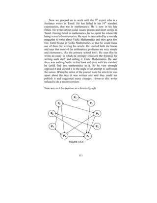 Now we proceed on to work with the 9th expert who is a
freelance writer in Tamil. He has failed in his 10th standard
examination, that too in mathematics. He is now in his late
fifties. He writes about social issues, poems and short stories in
Tamil. Having failed in mathematics, he has spent his whole life
being scared of mathematics. He says he was asked by a weekly
magazine to write about Vedic Mathematics and they gave him
two Tamil books in Vedic Mathematics so that he could make
use of them for writing his article. He studied both the books
and says that most of the arithmetical problems are very simple
and elementary, like the primary school level. He says that he
wrote an essay in which he strongly criticized the Swamiji for
writing such stuff and calling it Vedic Mathematics. He said
there was nothing Vedic in that book and even with his standard
he could find any mathematics in it. So he very strongly
opposed it and viewed it in the angle of an attempt to saffronize
the nation. When the editor of the journal took the article he was
upset about the way it was written and said they could not
publish it and suggested many changes. However this writer
refused to do a positive review.
Now we catch his opinion as a directed graph.
P1
P2

P9

P8

P3

P7

P4

P6

P5
FIGURE 4.5.9

151

 