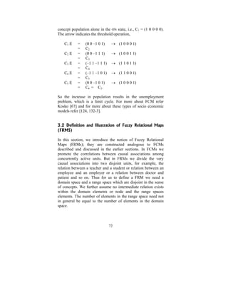 concept population alone in the ON state, i.e., C1 = (1 0 0 0 0).
The arrow indicates the threshold operation,
C1 E
C2 E
C3 E
C4 E
C5 E

=
=
=
=
=
=
=
=
=
=

(0 0 –1 0 1)
C2
(0 0 –1 1 1)
C3
(–1 1 –1 1 1)
C4
(–1 1 –1 0 1)
C5
(0 0 –1 0 1)
C6 = C2.

→ (1 0 0 0 1)
→ (1 0 0 1 1)
→ (1 1 0 1 1)
→ (1 1 0 0 1)
→ (1 0 0 0 1)

So the increase in population results in the unemployment
problem, which is a limit cycle. For more about FCM refer
Kosko [67] and for more about these types of socio economic
models refer [124, 132-3].
3.2 Definition and Illustration of Fuzzy Relational Maps
(FRMS)

In this section, we introduce the notion of Fuzzy Relational
Maps (FRMs); they are constructed analogous to FCMs
described and discussed in the earlier sections. In FCMs we
promote the correlations between causal associations among
concurrently active units. But in FRMs we divide the very
causal associations into two disjoint units, for example, the
relation between a teacher and a student or relation between an
employee and an employer or a relation between doctor and
patient and so on. Thus for us to define a FRM we need a
domain space and a range space which are disjoint in the sense
of concepts. We further assume no intermediate relation exists
within the domain elements or node and the range spaces
elements. The number of elements in the range space need not
in general be equal to the number of elements in the domain
space.

72

 