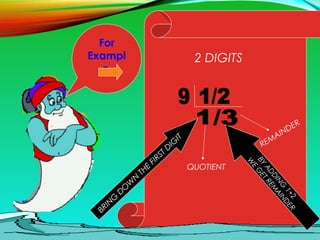 2 DIGITS
For
Exampl
e
BRIN
G
D
O
W
N
THE
FIRST D
IG
IT
QUOTIENT
REMAINDER
BY
ADDING
1+2
W
E
G
ETREM
AINDER
 