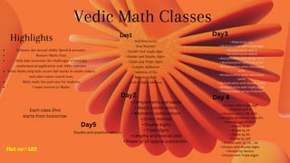Flat no#122
Vedic Math Classes
• Addition basics
• End Number
• Double And single digit
• Double and Double digits
• Triple and Triple digits
• Lengthy Additions
• Addition of list
• Balancing Rule
. Left to Right Addition
Highlights
Enhance the mental ability Speed & accuracy.
Remove Maths Fear.
Help kids overcome the challenges of everyday
mathematical application with 100% outcome
Vedic Maths help kids secure full marks in maths subject
and other talent search tests.
Math made fun and easy for students.
Create interest in Maths.
Day1
Day2
• Complements and basics
• Match combinations
• Mismatch combinations
• Direct method
• Double digits
• Triple digits
• Lengthy and special case
• Power of 10 special subtraction
Day3
• Balancing rule
• Multiplication with single digit
• Multiplication with 5
• Multiplication with 9
• Multiplication with series of 1’s
• Multiplication within 12 to 19
• Multiplication when tens place
same
• Multiplication when tens place
same
• Multiplication with double digits
• Multiplication with triple digits
• Multiplication using vilokanam
Day 4
• Divison with single digit
• Division with 5
• Division with 9, 99, 999…
• Less digits divided by more 9’s
• Special type division
• Divide by 11
• Divide by 25
• Divide by 50
• Divide by 125
• Divison with 12, 13,….19
• Divison with double digits
• Divison by factors
• Divison with Triple digits
Each class 2hrs
starts from tomorrow
Day5
Doubts and practice session
 