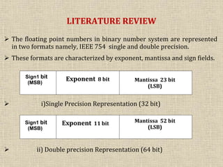 LITERATURE REVIEW
 The floating point numbers in binary number system are represented
in two formats namely, IEEE 754 single and double precision.
 These formats are characterized by exponent, mantissa and sign fields.
 i)Single Precision Representation (32 bit)
 ii) Double precision Representation (64 bit)
Mantissa 52 bit
(LSB)
Exponent 11 bitSign1 bit
(MSB)
Sign1 bit
(MSB)
Exponent 8 bit Mantissa 23 bit
(LSB)
 