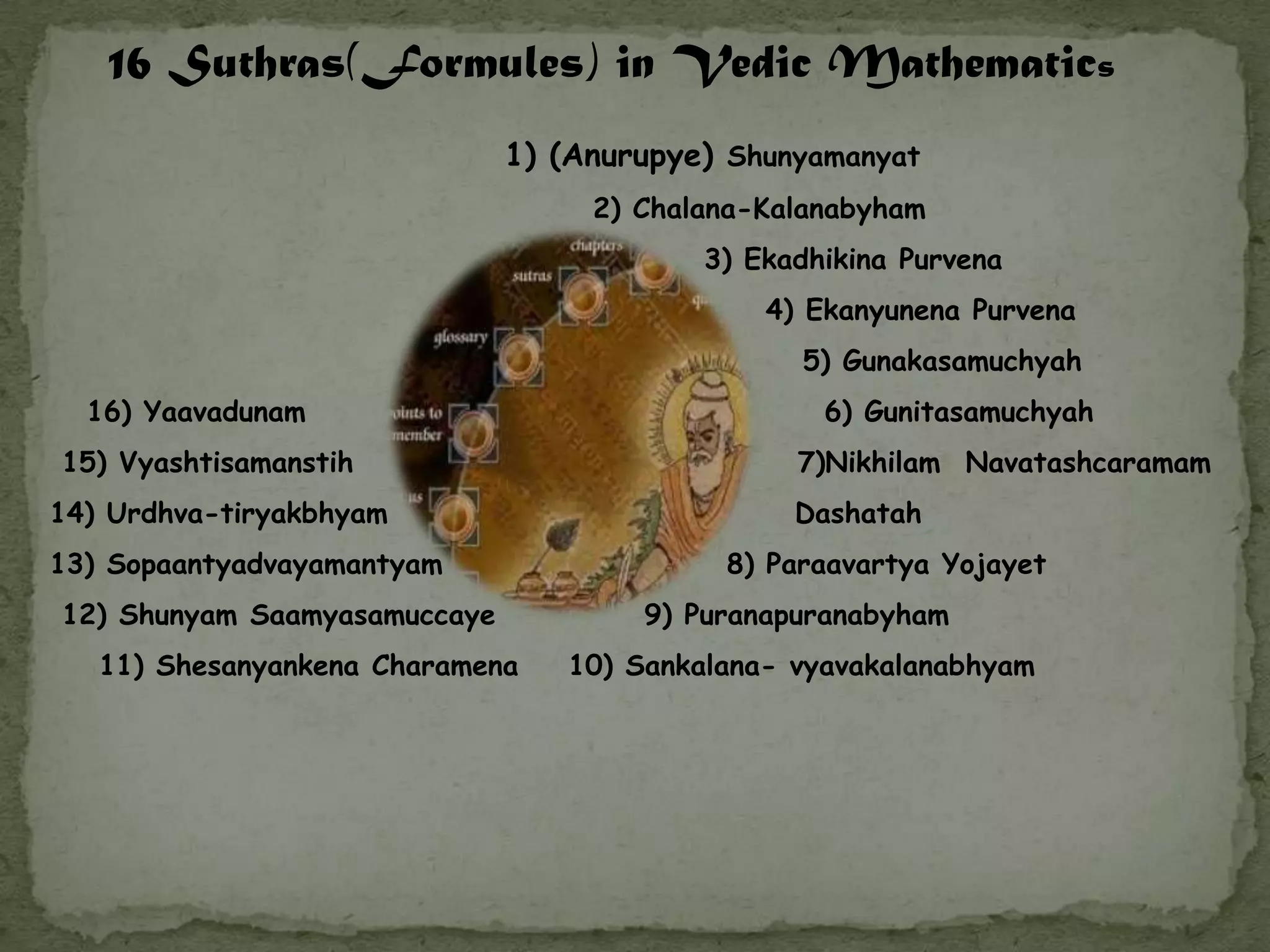 16 Suthras(Formules) in Vedic Mathematics
                              1) (Anurupye) Shunyamanyat
                                   2) Chalana-Kalanabyham
                                          3) Ekadhikina Purvena
                                              4) Ekanyunena Purvena
                                                5) Gunakasamuchyah
  16) Yaavadunam                                  6) Gunitasamuchyah
15) Vyashtisamanstih                            7)Nikhilam Navatashcaramam
14) Urdhva-tiryakbhyam                          Dashatah
13) Sopaantyadvayamantyam                  8) Paraavartya Yojayet
12) Shunyam Saamyasamuccaye           9) Puranapuranabyham
   11) Shesanyankena Charamena   10) Sankalana- vyavakalanabhyam
 