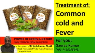  	
  	
  In	
  the	
  respect	
  of	
  Brijesh	
  kumar	
  Shukl	
  
	
  	
  	
  	
  	
  	
  	
  Head-­‐Therapist	
  of	
  Vedic	
  Yagya	
  Treatment	
  	
  	
  	
  	
  
	
  	
  	
  	
  	
  	
  	
  	
  	
  	
  at	
  Apnakarma	
  	
  
POWER	
  OF	
  HERBS	
  &	
  NATURE	
  	
  	
  
100%	
  FREEDOM	
  FROM	
  BAD	
  HEALTH	
  	
  	
  
	
  	
  
For	
  you:	
  
Gaurav	
  Kumar	
  
(+91-­‐7428295643)	
  	
  	
  
Treatment	
  of:	
  
Common	
  
cold	
  and	
  
Fever	
  
 