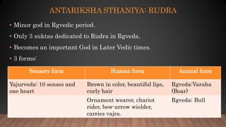ANTARIKSHA STHANIYA: RUDRA
• Minor god in Rgvedic period.
• Only 3 suktas dedicated to Rudra in Rgveda.
• Becomes an important God in Later Vedic times.
• 3 forms:
Sensory form Human form Animal form
Yajurveda: 10 senses and
one heart
Brown in color, beautiful lips,
curly hair
Rgveda:Varaha
(Boar)
Ornament wearer, chariot
rider, bow-arrow wielder,
carries vajra.
Rgveda: Bull
 