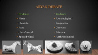 ARYAN DEBATE
• Evidence
• Horse
• Chariots
• Race
• Use of metal
• Spoked wheel
• Evidence
• Archaeological
• Linguistics
• Genetics
• Literary
• Anthropological
 