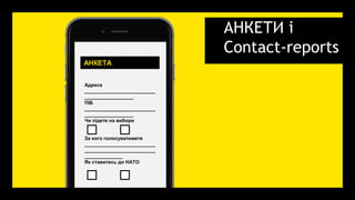 АНКЕТИ і
Contact-reports
Адреса
__________________________
__________________
ПІБ
__________________________
__________________
Чи підете на вибори
За кого голосуватимете
__________________________
__________________________
______________
Як ставитесь до НАТО
АНКЕТА
 