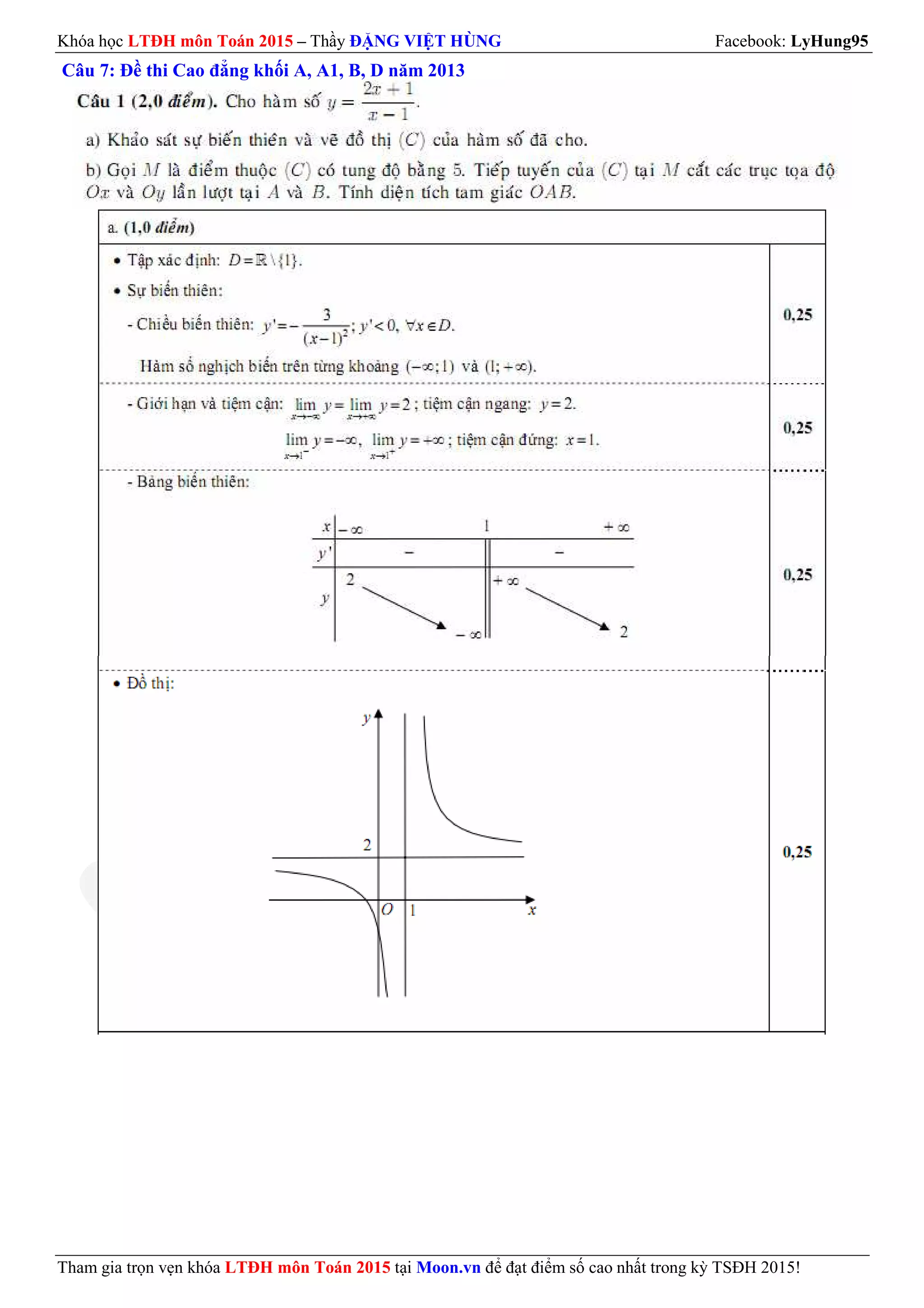Khóa học LTĐH môn Toán 2015 – Thầy ĐẶNG VIỆT HÙNG Facebook: LyHung95
Tham gia trọn vẹn khóa LTĐH môn Toán 2015 tại Moon.vn để đạt điểm số cao nhất trong kỳ TSĐH 2015!
Câu 7: Đề thi Cao đẳng khối A, A1, B, D năm 2013
 