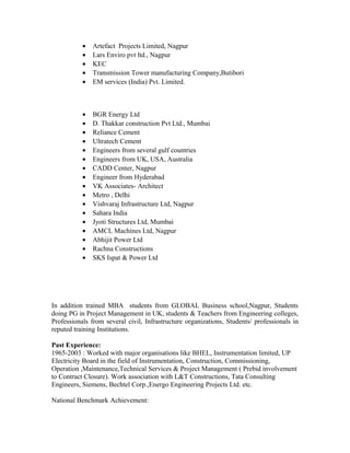 •   Artefact Projects Limited, Nagpur
           •   Lars Enviro pvt ltd., Nagpur
           •   KEC
           •   Transmission Tower manufacturing Company,Butibori
           •   EM services (India) Pvt. Limited.



           •   BGR Energy Ltd
           •   D. Thakkar construction Pvt Ltd., Mumbai
           •   Reliance Cement
           •   Ultratech Cement
           •   Engineers from several gulf countries
           •   Engineers from UK, USA, Australia
           •   CADD Center, Nagpur
           •   Engineer from Hyderabad
           •   VK Associates- Architect
           •   Metro , Delhi
           •   Vishvaraj Infrastructure Ltd, Nagpur
           •   Sahara India
           •   Jyoti Structures Ltd, Mumbai
           •   AMCL Machines Ltd, Nagpur
           •   Abhijit Power Ltd
           •   Rachna Constructions
           •   SKS Ispat & Power Ltd




In addition trained MBA students from GLOBAL Business school,Nagpur, Students
doing PG in Project Management in UK, students & Teachers from Engineering colleges,
Professionals from several civil, Infrastructure organizations, Students/ professionals in
reputed training Institutions.

Past Experience:
1965-2003 : Worked with major organisations like BHEL, Instrumentation limited, UP
Electricity Board in the field of Instrumentation, Construction, Commissioning,
Operation ,Maintenance,Technical Services & Project Management ( Prebid involvement
to Contract Closure). Work association with L&T Constructions, Tata Consulting
Engineers, Siemens, Bechtel Corp.,Energo Engineering Projects Ltd. etc.

National Benchmark Achievement:
 