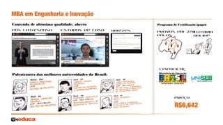 MBA em Engenharia e Inovação
Programa de Certificação (pago):
Palestrantes das melhores universidades do Brasil:
Provas em 270
pólos
Tutoria
online
Certificaç
ão válida
Preço
:
R$6,642
Conteúdo de altíssima qualidade, aberto
Pós lato-sensu
(1 ano)
Estudos de caso Quizzes
 