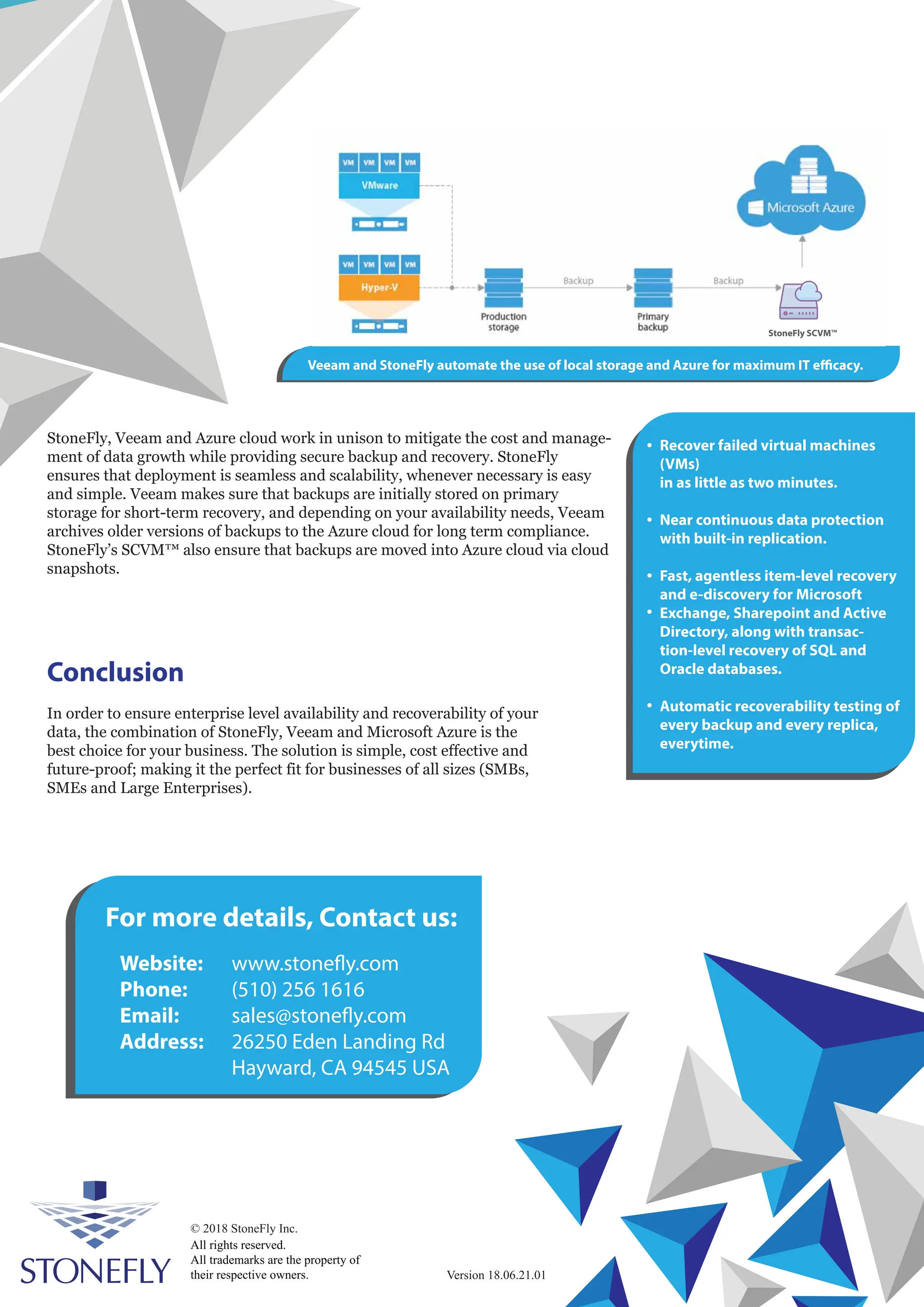 StoneFly, Veeam and Azure cloud work in unison to mitigate the cost and manage-
ment of data growth while providing secure backup and recovery. StoneFly
ensures that deployment is seamless and scalability, whenever necessary is easy
and simple. Veeam makes sure that backups are initially stored on primary
storage for short-term recovery, and depending on your availability needs, Veeam
archives older versions of backups to the Azure cloud for long term compliance.
StoneFly’s SCVM™ also ensure that backups are moved into Azure cloud via cloud
snapshots.
Conclusion
In order to ensure enterprise level availability and recoverability of your
data, the combination of StoneFly, Veeam and Microsoft Azure is the
best choice for your business. The solution is simple, cost effective and
future-proof; making it the perfect fit for businesses of all sizes (SMBs,
SMEs and Large Enterprises).
Veeam and StoneFly automate the use of local storage and Azure for maximum IT efficacy.
All rights reserved.
All trademarks are the property of
their respective owners.
© 2018 StoneFly Inc.
Version 18.06.21.01
StoneFly SCVM™
Recover failed virtual machines
(VMs)
in as little as two minutes.
Near continuous data protection
with built-in replication.
Fast, agentless item-level recovery
and e-discovery for Microsoft
Exchange, Sharepoint and Active
Directory, along with transac-
tion-level recovery of SQL and
Oracle databases.
Automatic recoverability testing of
every backup and every replica,
everytime.
For more details, Contact us:
Website: www.stonefly.com
Phone: (510) 256 1616
Email: sales@stonefly.com
Address: 26250 Eden Landing Rd
Hayward, CA 94545 USA
 