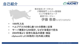 @2015 AUCNET INC. All rights reserved
自己紹介
• 1999年入社
• ヘルプデスクの傍ら幾つかの開発に従事
• サーバ構築からNW設計、なぜか強電まで担当
• 2004年頃より 仮想化製品の調査・検証
vSphere4.0 より本格的に社内導入開始
株式会社 オークネット
IT開発部門 システム管理部
インフラ管理グループ
統括マネージャー
伊藤 教泰（いとう たかひろ）
 