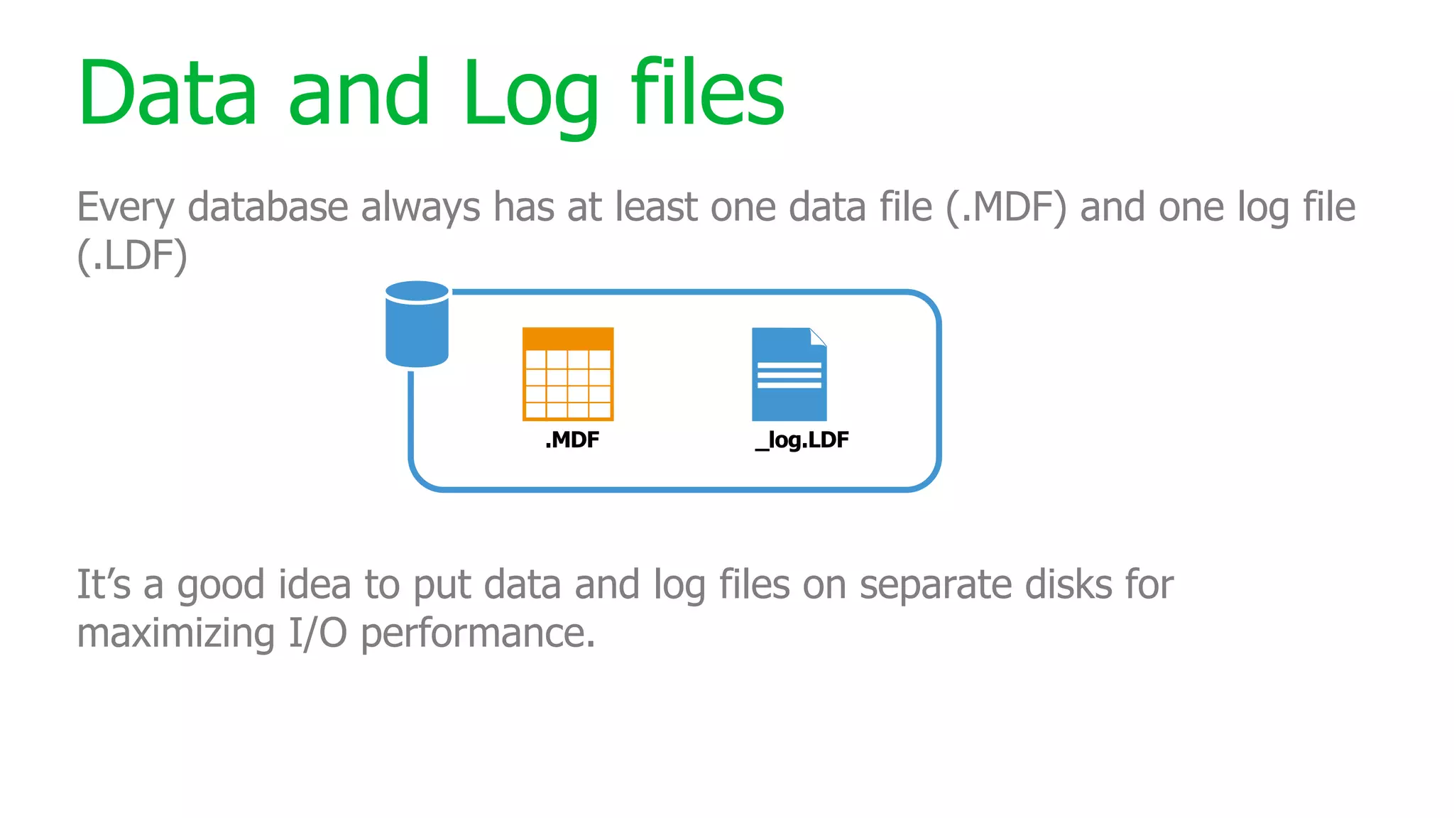 Data and Log files Every database always has at least one data file (.MDF) and one log file (.LDF) It’s a good idea to put data and log files on separate disks for maximizing I/O performance. .MDF _log.LDF 