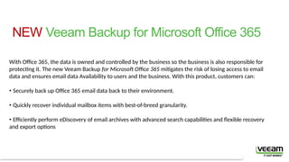 © 2016 Veeam Software. All rights reserved. All trademarks are the property of their respective owners.
NEW Veeam Backup for Microsoft Office 365
With Office 365, the data is owned and controlled by the business so the business is also responsible for
protecting it. The new Veeam Backup for Microsoft Office 365 mitigates the risk of losing access to email
data and ensures email data Availability to users and the business. With this product, customers can:
• Securely back up Office 365 email data back to their environment.
• Quickly recover individual mailbox items with best-of-breed granularity.
• Efficiently perform eDiscovery of email archives with advanced search capabilities and flexible recovery
and export options
 