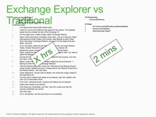 Traditional Requirements:
 Expensive Agents
 Staging Area for back-up extracts.
Traditional Steps:
1. Find backup file storing EDB restore point.
2. Check for a drive with sufficient disk space for the restore. The available
space must be at least the size of the Exchange IS.
3. On the target drive, create a folder called: Exchange Restore.
4. Open “insert well-known competitor name here”, and go to Devices. Right-
click Backup-to-Disk Folders, and choose: New Backup-to-Disk Folder.
Give it the name: Exchange Restore, and point it to the target drive and
folder. Click OK.
5. Go to Job Setup, select the job that runs for the site, and under Backup
Tasks, choose: New job to duplicate backup sets. Choose OK.
6. Browse the server concerned, and under Microsoft Information
Store, choose the Information Store you want to stage to disk. You need to
select the date/media.
7. Choose the new Backup-to-Disk folder created for this purpose, and click
Run Now. Let the job complete.
8. Make a note of the name of the image created by this job (Devices -->
Backup-to-Disk Folders --> Exchange Restore).
9. Click the Restore tab in GUI. When the “Welcome to the Restore Wizard”
screen shows, deselect the tab to “Always launch the Restore Wizard from
the Restore Button”, and click Next.
10. Under Selections, choose View by Media, and chose the image created in
the duplication job.
11. Find the user’s mailbox that needs to be restored, open the mailbox, and
click Top of Information Store.
12. From here, individual emails, contacts and folders can be restored.
13. Select what needs to be restored.
14. Click Resource Credentials, and then Test All to make sure that the
security credentials are correct,
15. Click Run Now.
16. Go to Job Monitor, and the job should run successfully.
 