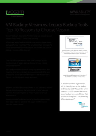 12232014
VM Backup: Veeam vs. Legacy Backup Tools
Top 10 Reasons to Choose Veeam
Veeam® Backup & Replication™ isn’t the only way to back up your
Modern Data Center™…but it is the best way.
While many legacy backup tools can now perform image-based
backups of virtual machines (VMs), only Veeam fully leverages the
virtual environment to reduce the cost and increase the value of
backup—not just a little, but a lot.
#1 VM Backup™
Over 120,000 organizations have said, “Enough!” to the
shortcomings of legacy backup tools, and have instead
switched to Veeam.
It’s a wise move. Virtualization isn’t going away. In fact, the
majority of server workloads are now virtualized. What was
once niche is now a fundamental part of the Modern Data
Center…and it demands a new approach.
Built for the Modern Data Center
Whether you have thousands of VMs or just a handful, Veeam
Backup & Replication is the best choice for your VMware
vSphere, Microsoft Hyper-V or mixed-hypervisor virtual
environment.
Veeam provides fundamental and far-reaching advantages
over legacy backup vendors. The pages that follow will
describe these in detail.
GOLD AWARD
NEW
TECHNOLOGY
Veeam has won more VMworld awards than any
other vendor, and Veeam is the only twotime winner
of the VMworld award for New Technology
“A major reason that organizations
still hit these bumps on the backup
and recovery road: They use the same
products for both physical and virtual
server backup, when we all know that
virtualization requires a fundamentally
different approach.”
Veeam Backup & Replication v6.5 won Best of
TechEd 2013 for Backup and Recovery.
 