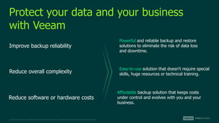© 2022 Veeam Software. Confidential information. All rights reserved. All trademarks are the property of their respective owners.
Protect your data and your business
with Veeam
Reduce software or hardware costs
Reduce overall complexity
Improve backup reliability
Powerful and reliable backup and restore
solutions to eliminate the risk of data loss
and downtime.
Easy-to-use solution that doesn’t require special
skills, huge resources or technical training.
Affordable backup solution that keeps costs
under control and evolves with you and your
business.
 