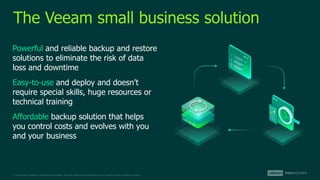 © 2022 Veeam Software. Confidential information. All rights reserved. All trademarks are the property of their respective owners.
The Veeam small business solution
Powerful and reliable backup and restore
solutions to eliminate the risk of data
loss and downtime
Easy-to-use and deploy and doesn’t
require special skills, huge resources or
technical training
Affordable backup solution that helps
you control costs and evolves with you
and your business
 