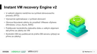 17Corporate
Instant VM recovery Engine v2
• U velkých objemů narážíme na rychlost obnovovacího
procesu (RTO)
• Významné optimalizace v rychlosti obnovení
• Obnova libovolené zálohy do prostředí VMware vSphere
(Windows, Linux, Azure, AWS)
• Publikování konkrétního datového disku s velkým objemem
dat přímo ze zálohy do VM
• Konkrétní DB lze publikovat do jiného DB serveru (připojí se
přímo ze zálohy)
 