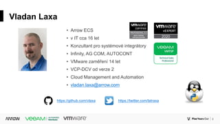 2Corporate
Vladan Laxa
• Arrow ECS
• v IT cca 16 let
• Konzultant pro systémové integrátory
• Infinity, AG COM, AUTOCONT
• VMware zaměření 14 let
• VCP-DCV od verze 2
• Cloud Management and Automation
• vladan.laxa@arrow.com
https://github.com/vlaxa https://twitter.com/latraxa
 