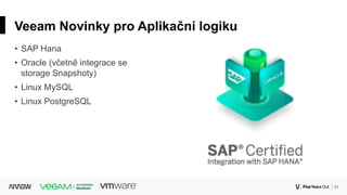 21Corporate
Veeam Novinky pro Aplikační logiku
• SAP Hana
• Oracle (včetně integrace se
storage Snapshoty)
• Linux MySQL
• Linux PostgreSQL
 