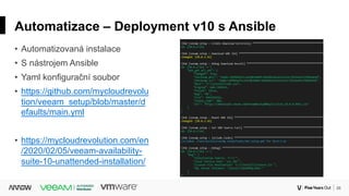 26Corporate
Automatizace – Deployment v10 s Ansible
• Automatizovaná instalace
• S nástrojem Ansible
• Yaml konfigurační soubor
• https://github.com/mycloudrevolu
tion/veeam_setup/blob/master/d
efaults/main.yml
• https://mycloudrevolution.com/en
/2020/02/05/veeam-availability-
suite-10-unattended-installation/
 