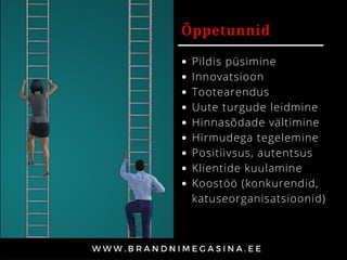 Õppetunnid
Pildis püsimine
Innovatsioon
Tootearendus
Uute turgude leidmine
Hinnasõdade vältimine
Hirmudega tegelemine
Positiivsus, autentsus
Klientide kuulamine
Koostöö (konkurendid,
katuseorganisatsioonid)
 